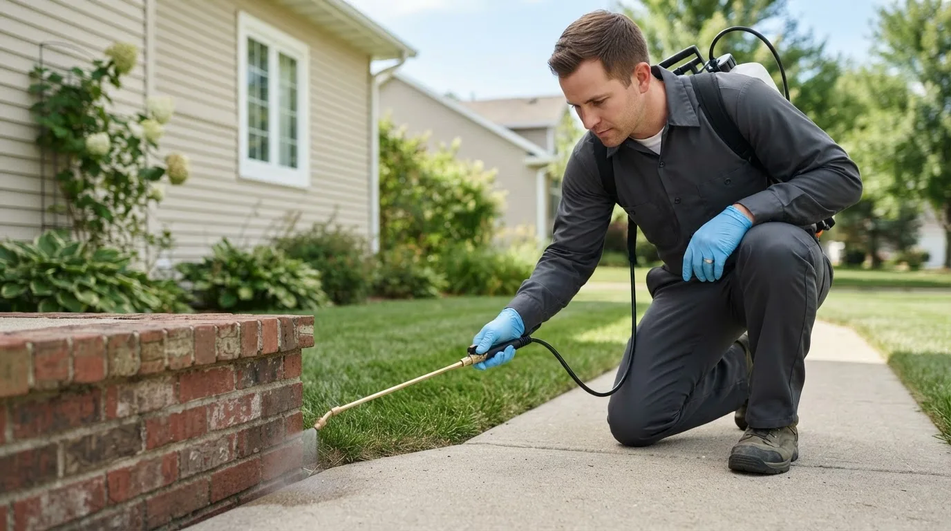 Pest control technician treating a home near Broadus, MT